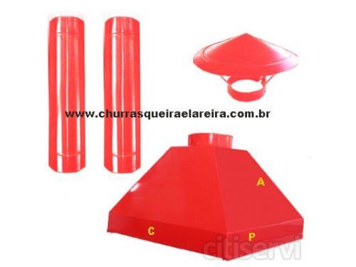 Coifa para churrasqueira. Kit completo para churrasqueira à carvão, confeccionado em aço galvanizado com pintura eletrostática vermelha. Composto de coifa, canaletas para vidro e ponto Luz com 01 lâmpada dicróica. 2 tubos 60cm x Ø22,5cm galvanizado